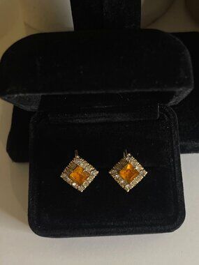 Vintage Avon Amber Rhinestone Halo Screw Back Earrings Square Statement